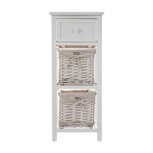 Image of FiNeWaY Fully Assembled White Shabby Chic Bedside Cabinet Unit Table W Wicker Basket Storage Bathroom Bedroom (2 Tier White)