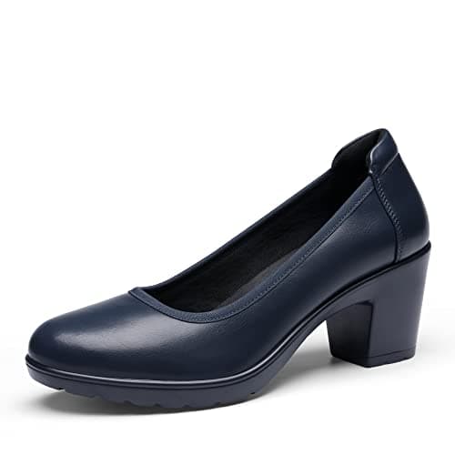 Image of DREAM PAIRS Women's Chunky Closed Toe Low Block Heels Work Pumps Comfortable Round Toe Dress Wedding Shoes,Size 7W,Navy Blue,DWUWPU2502