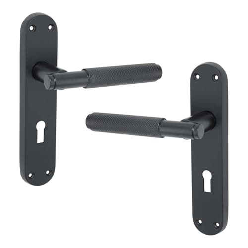 Image of Infinity Decor Modern Style Knurled Lever Lock Door Handle on Keyhole Backplate Pair in Matt Black Finish – Suitable for Internal & External Doors