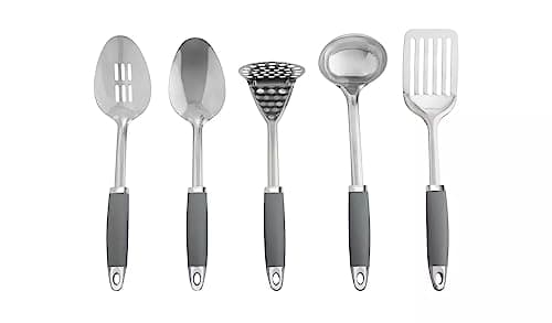 Image of Premium 5-Piece Stainless Steel Kitchen Utensil Set with Caddy, Grey Comfort Grip Handles, Professional Cooking Tools