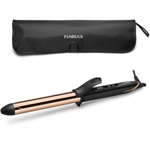 Image of FUNBUGS 25mm Titanium Hair Curler - Curling Tongs Anodised & Polished for Soft Bouncy Curls, Curling Iron with 7 Heat Settings & Auto Shutdown for Medium Long Hair, Included Heat Bag & Glove (Gold)