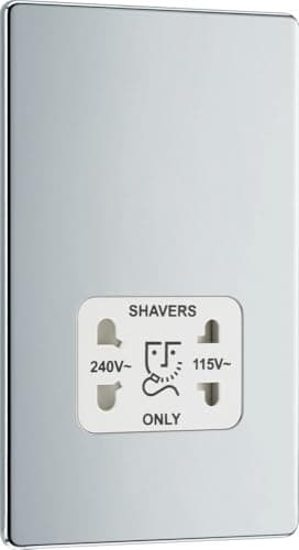 Image of BG Electrical Dual Voltage Shaver Plug Socket, Electric Toothbrush Charger Socket for Bathrooms, Screwless Front Plate, Premium Flatplate, 2-Pin, Polished Chrome, White Inserts, 115V / 240V, FPC20W