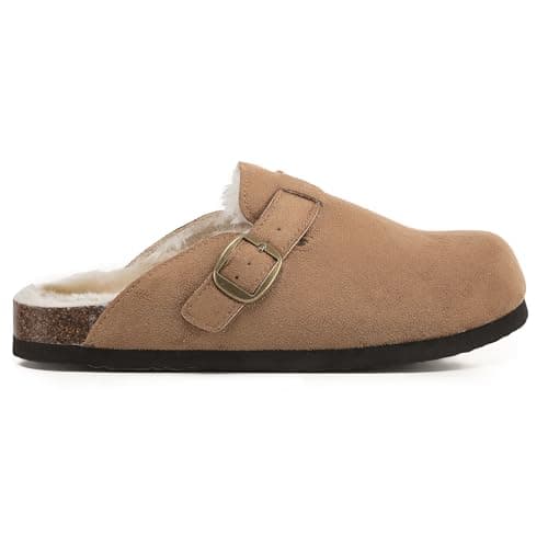 Image of VIVASHOES Women's Suede Slip-On Buckle Clog – Classic Closed-Toe Mule with Adjustable Strap, Cork Footbed & Rubber Outsole – Effortless Comfort for Cozy Days, Lounging & Everyday Living - Tan 6