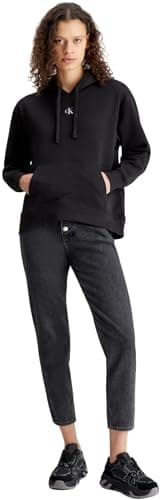 Image of Calvin Klein Jeans Women Woven Label Oversized Hoodie Sweatshirts Black, L