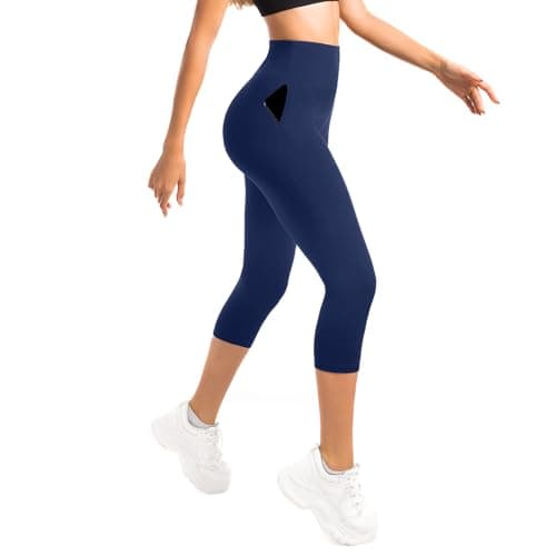 Image of Sanpetix Cropped Leggings for Women UK, High Waisted 3/4 Leggings with Pockets for Workout Running Gym Yoga Navy Blue 1 Pack LXL