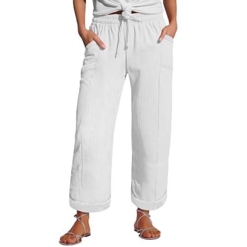 Image of Petite Trousers Women Short Leg, Cropped Trousers Women UK Cotton Summer Loose Shorts Drawstring Elasticated Waist 3/4 Length Sweatpants Baggy Wide Leg Pants Ladies Casual Joggers Pockets White