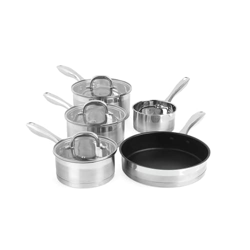 Image of Salter Timeless 5 Piece Pan Set - Induction Hob Cooking Pots, Stainless Steel Cookware, 16, 18, 20 cm Saucepans, 14cm Milk Pan & 24cm Frying Pan, Includes Tempered Glass Lids, Easy Grip Handles