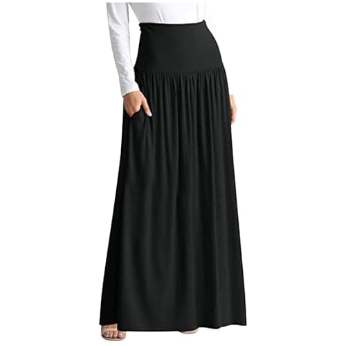 Image of Flodxo Cotton Maxi Skirts for Women UK Elasticated Waist Boho Summer Maxi Dresses Plus Size Casual Ankle Length Long Skirts with Pockets Trendy Plain Solid High Waisted Ladies Dress Black M