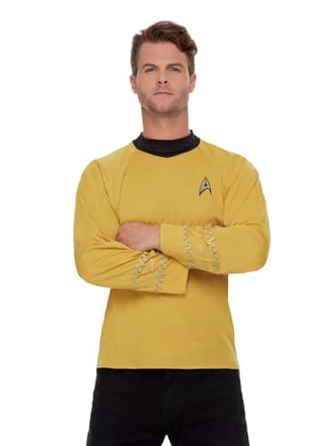 Image of Smiffys Star Trek Voyager Science Uniform, Star Trek Top with Embroidered Delta Badge & Rank Insignias, Star Trek Voyager Outfit, Star Trek Halloween Fancy Dress Accessory