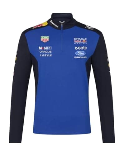 Image of Red Bull Racing F1 Team, Official Castore 2026 Merchandise, Teamwear Quarter 1/4 Zip Midlayer Jumper, Navy Blue and Racing Blue (UK, Alpha, L, Regular, Regular)
