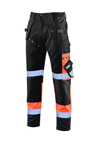 Image of SSS® Mens Hi Viz Jogging Bottoms High Visibility Two Tone Work Trousers Mens Combat Workwear Hi Vis Joggers Fluorescent Workwear Pants Orange/Black