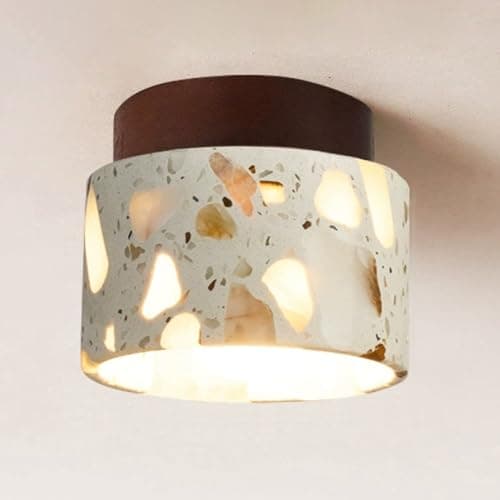 Image of 4.7 Inch Natural Stone Flush Mount Ceiling Light, Terrazzo Cylindrical Ceiling Lamp with Wooden Top, E27 Socket Decorative Lighting for Hallway Entryway Corridor Closet