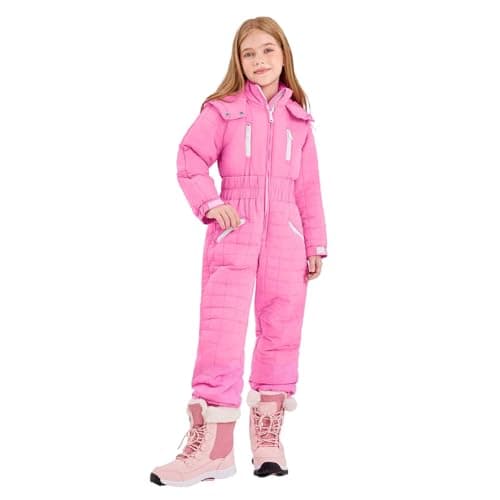 Image of Ski Suits for Kids UK Boys Girls Romper Snowsuit with Hood Children's Winter Warm Snow Overall Thermal Ski Jumpsuits Waterproof Windbreak Fleece Thick Skiwear Pink 8 Years