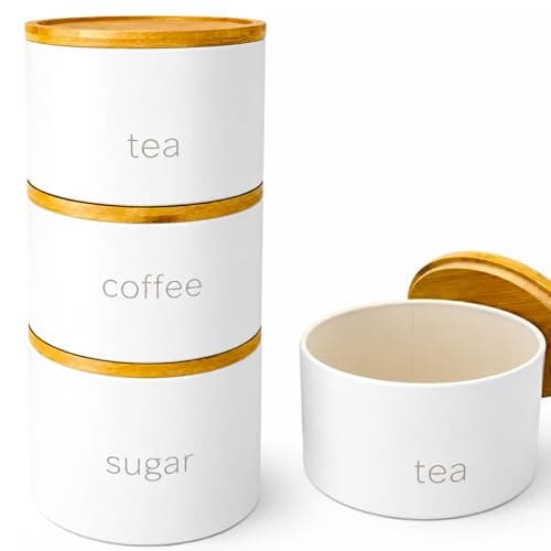 Image of SAFRI 3 Pieces Jar with Wooden Lid Tea Coffee Sugar Canister Storage Container Bowl Pots Kitchen Storage Tins (White)