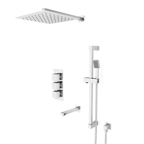 Image of Nes Home Square 3 Way Concealed Thermostatic Shower Mixer Valve, Wall Shower Head, Handset, Slider Rail, Bath Spout Set Chrome