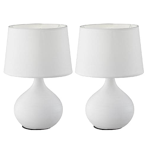 Image of 2 Pack - White Textured Ceramic Vintage Globe Urn Table Desk Lamp with Matching Fabric Shade | 29cm Height | 1 x SES E14 Lamp Bulb Required | UK Approved | Retro Design | Tapered Drum Lampshade