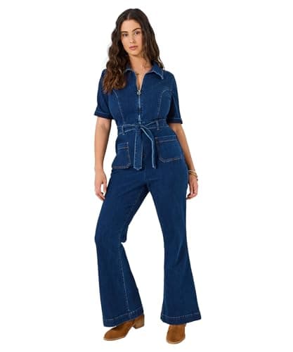 Image of Joe Browns Women's Retro-Inspired Zip Front Bootcut Denim Jumpsuit, Regular, Blue, UK 18