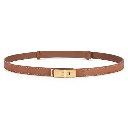 Image of HATOFES Women Ladies Adjustable Skinny Leather Belt Solid Alloy Turn Lock Slim Thin Waist Belt Waistband Decorative Belt For Dresses Jeans Pants (Caramel/Gold)