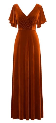 Image of Burnt Orange Bridesmaid Dresses with Sleeves A Line V Neck Winter Velvet Wedding Guest Dress for Women UK12