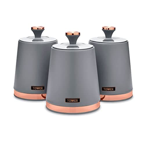 Image of Tower T826131GRY Cavaletto Set of 3 Storage Canisters for Tea/Coffee/Sugar, Steel, Grey and Rose Gold