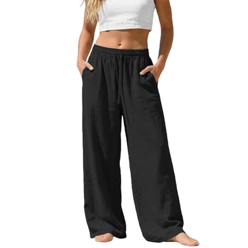 Image of Generisch Plus Size Linen Trousers with Drawstring and Pockets - Casual Breathable Summer Wide Leg Pants, black, 3XL