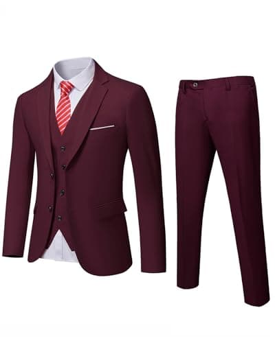 Image of YND Men's Slim Fit 2 Button 3 Piece Suit Set, Blazer Jacket Vest Pants and Tie, Solid Wedding Dress Tux and Trousers Burgundy