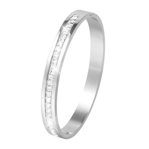 Image of MILAKOO 8mm Silver Stainless Steel Bangle Bracelet Mother's Day Gifts CZ Hinged Oval Cuff for Women