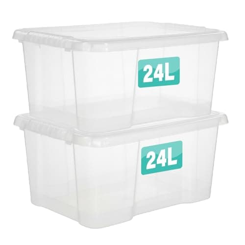 Image of 2 x 24 Litre Clear Plastic Storage Boxes With Lids Set of 2, Transparent Multipurpose Nestable Stackable Plastic Box With Lid Containers For Home, Kitchen, Garage, Office, Accessories