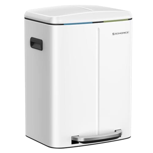 Image of SONGMICS Double Rubbish Bin, 2 x 20L Kitchen Bin, Dual Compartment Metal Step Bin, with Plastic Inner Buckets, Soft-Close Lids, and Handles, Odour Seal, White LTB40WT