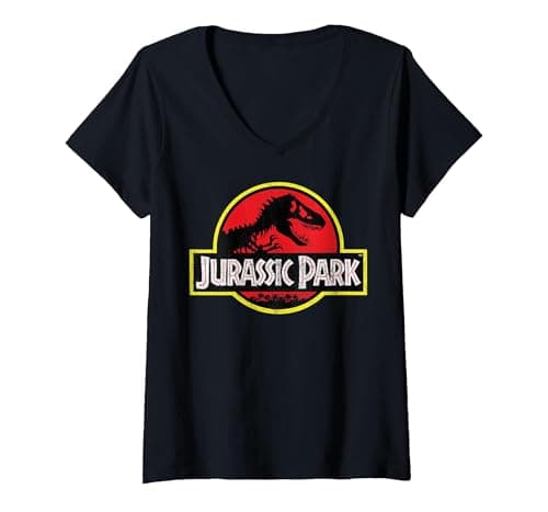 Image of Women's Jurassic Park Distressed Vintage Logo V-Neck T-Shirt, Black, Medium