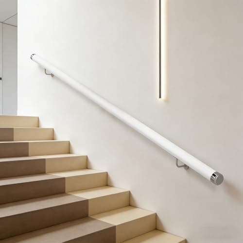 Image of Wooden Staircase Handrail, Safe Indoor Wall Mounted Stairs Handrail, White Round Solid Wood Armrest with Stainless Steel Bracket, Suitable for Home Hospital Barrier Free Handrails (A, 50CM)