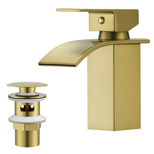 Image of BESy Waterfall Spout Bathroom Sink Mixer Taps,Single Handle Basin Mixer Tap, Lavatory Vessel Faucet,Stainless Steel,Brushed Gold
