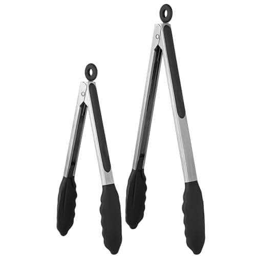 Image of 315℃ Heat Resistant Kitchen Tongs: U-Taste Silicone Cooking Tong Set with Firm Sealed Non Stick Silicone Tips and Silicon Coated 18/8 Stainless Steel Handle for Serving Grilling (Set of 2, Black)