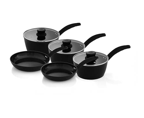 Image of Swan Stealth 5 Piece Cookware Set with Superior Ceramic Coating, 18/20/22cm Saucepans with Tempered Glass Lids, 20/24cm Frying Pans, Induction Compatible, Black