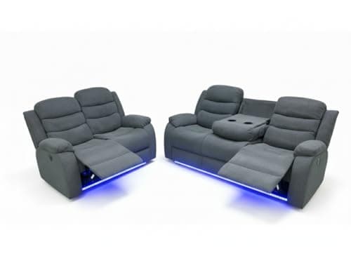 Image of Madrid Fabric Electric Recliner Sofa with Cupholders – 3+2 Seater – USB Charging Ports – LED Lights – Fabric Recliner Sofa Set (Grey) (3+2 Seater)