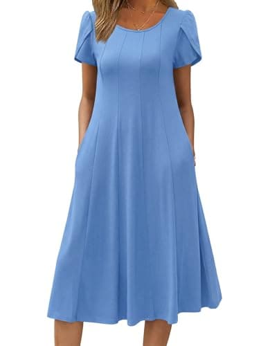 Image of Zeagoo Womens Summer Dresses Casual Puffsleeve Midi Dress Crew Neck Ladies Dress Swing Dress with Pockets Light Blue S