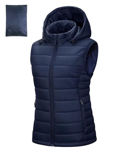 Image of Outdoor Ventures Womens Puffer Gilet with Hood Packable Quilted Vest Padded Outwear Vest Bodywarmer Ladies Windproof Sleeveless Jacket for Golf Hiking Cycling Dark Blue S