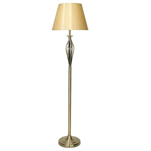 Image of Britalia Antique Brass Vintage Open Metalwork Floor Lamp with Gold Faux Silk Tapered Drum Shade | 160cm Height | 1 x ES E27 Lamp Bulb Required | UK Approved | On Off Foot Switch