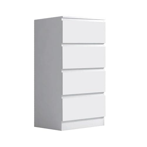 Image of FWStyle Matt White Modern Bedroom Furniture Chest of Drawers, Slim Tall 4 Drawer Chest - H99 X W40 X D40cm