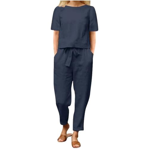 Image of 2 Piece Outfits Linen Co Ords Sets Women's Summer Tracksuits Loose Fit-Round Neck Short Sleeve T-Shirt Solid Cotton Linen Tops and Pants Casual Trousers Plus Size Travel Outfit Women Blue