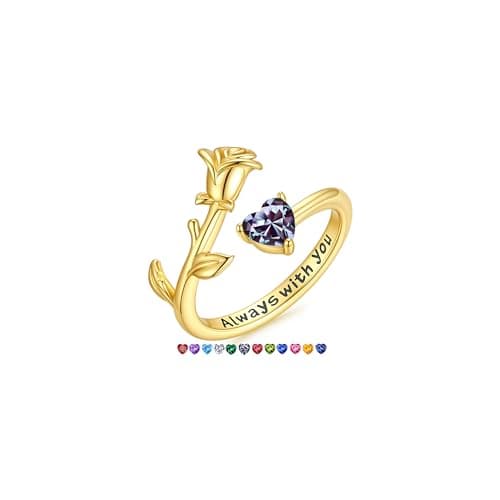 Image of TINGN Adjustable 14K Gold Plated Heart Birthstone Ring Dainty Rose Rings Non Tarnish Personalized Jewelry Birthday Gifts for Women