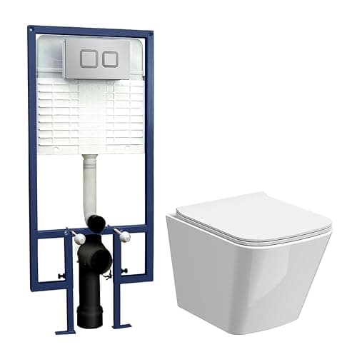 Image of Balterley Wall Hung Toilet with Concealed Cistern, Square Soft Close Toilet Seat for Bathroom, Toilets for Bathrooms, Concealed Cistern with Square Push Button Plate - 350 x 480 x 325mm (White)
