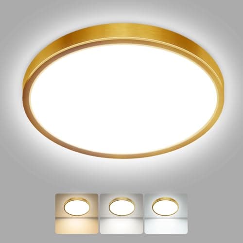 Image of hepside LED Ceiling Light,3000K/4000K/6500K 3 Color Temperature, Waterproof IP54 LED Ceiling Lamp, Modern,Round Flush Ceiling Light for Bathroom,Bedroom, Kitchen, HallwayØ18CM(Gold)