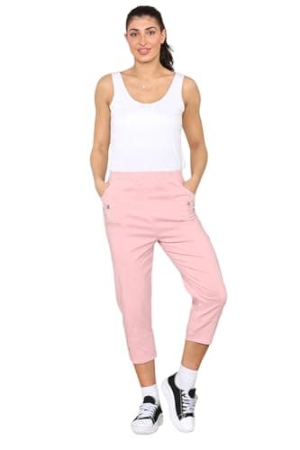 Image of Grunge Wear® Women's Cherry Berry Capri Trousers - Ladies Plain Cropped 3/4 Length Italian Trouser Elasticated Waist Stretch Fit Summer Short Pants (Dusty Pink, 14)