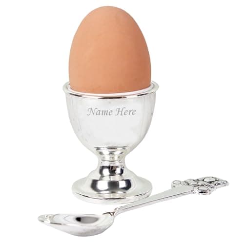 Image of CalEli Gifts Personalised Silver Plated Egg Cup And Spoon Set In A Presentation Box