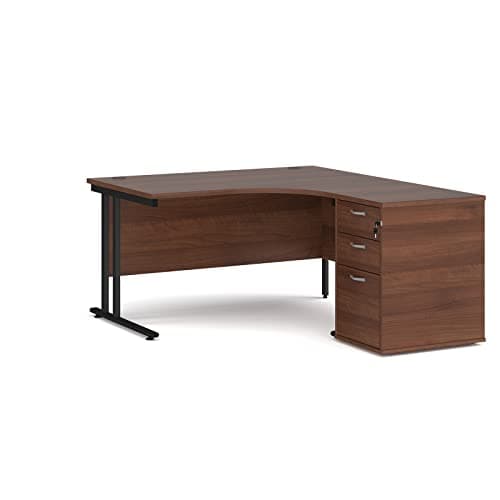 Image of Mr Office Maestro 25 right hand ergonomic desk with black cantilever frame and desk high pedestal bundle, Walnut, 1400