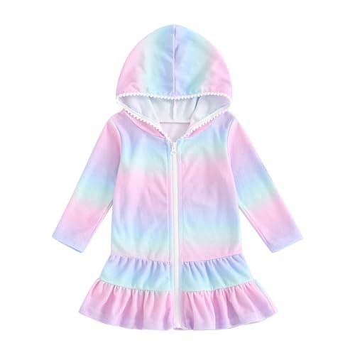 Image of Geagodelia Zip Up Hooded Poncho Towels for Kids Toddler Girls Terry Towelling Soft Changing Robe Towel Long Sleeve Beach Cover Up Dress (Cotton Candy Pink, 5-6 Years)