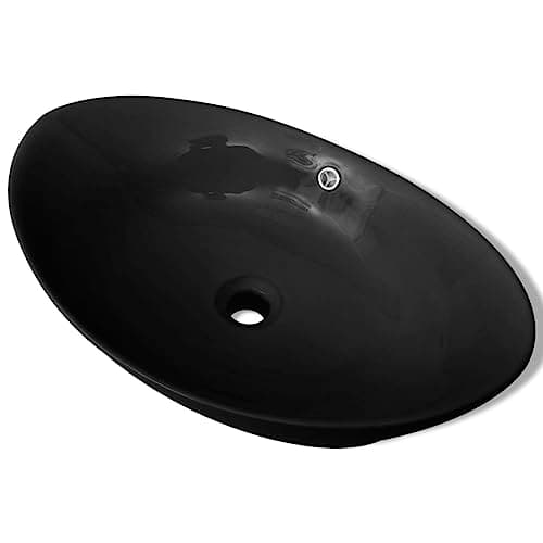 Image of vidaXL Black Luxury Ceramic Basin Oval - High Gloss Finish, Easy to Clean with Overflow Mechanism, Ideal for Bathroom/Washroom/Powder Room, Above Counter Installation