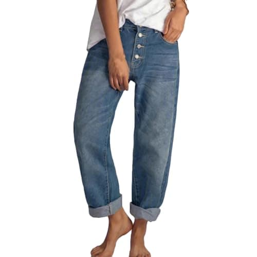 Image of Zeiayuas Womens High Waisted Barrel Jeans Casual Loose Boyfriend Wid Leg Denim Pants Y2k Streewear Ladies Button Vintage Denim Pants with Pockets