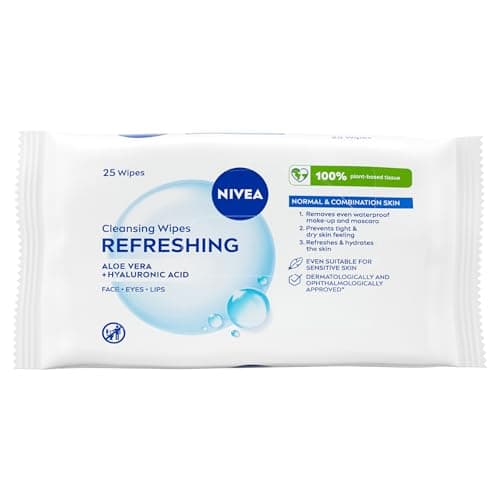 Image of NIVEA Refreshing 3-in-1 Cleansing Face Wipes for Normal Skin (25 sheets), Plant-Based Makeup Wipes, Gentle Yet Effective Face Cleanser with Aloe Vera and Hyaluronic Acid